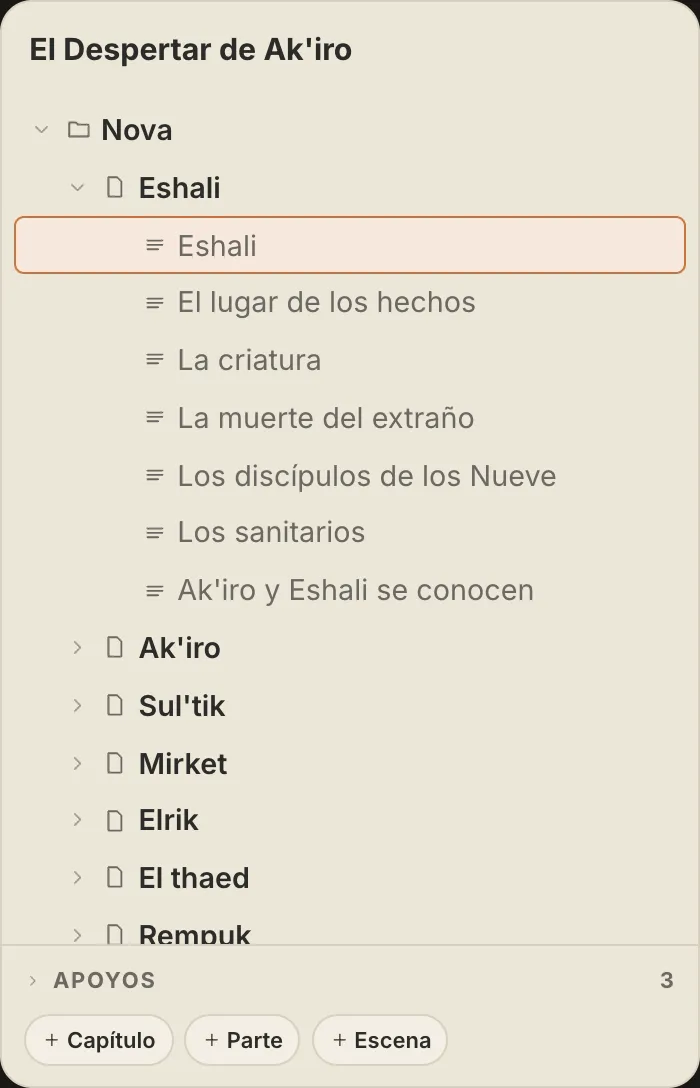 El árbol de la obra en QuillSong: partes, capítulos y escenas, reordenables