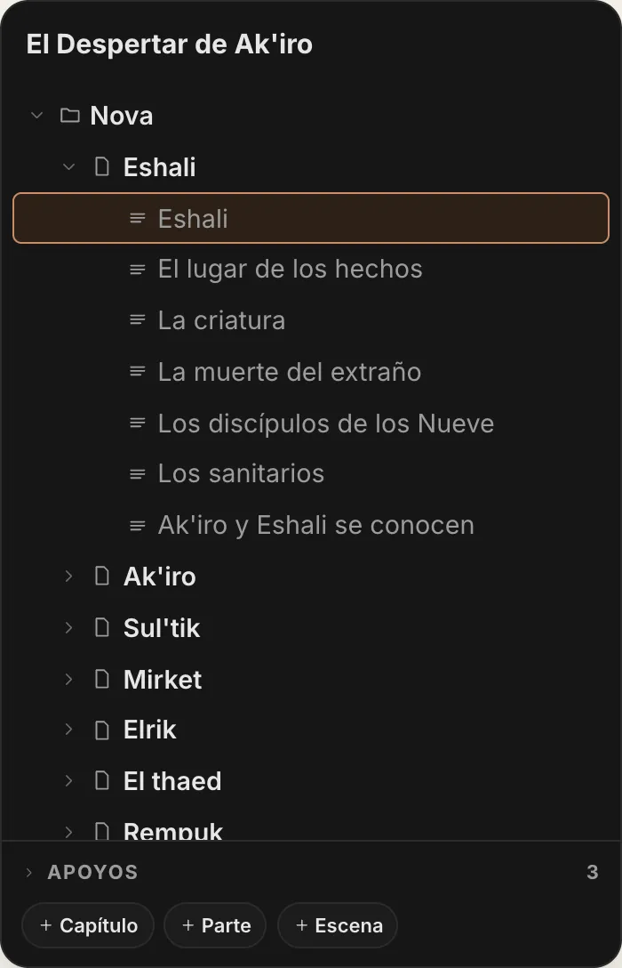 El árbol de la obra en QuillSong: partes, capítulos y escenas, reordenables