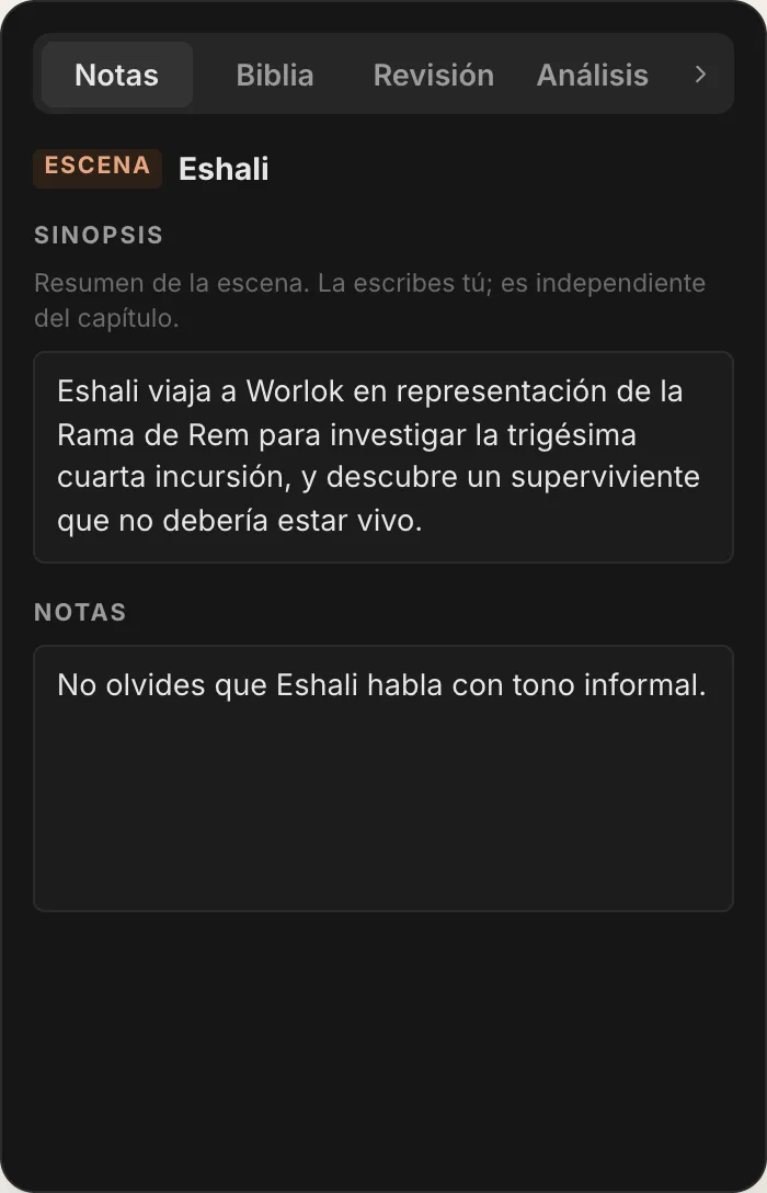 El panel de notas de QuillSong, con la sinopsis y las notas de la escena