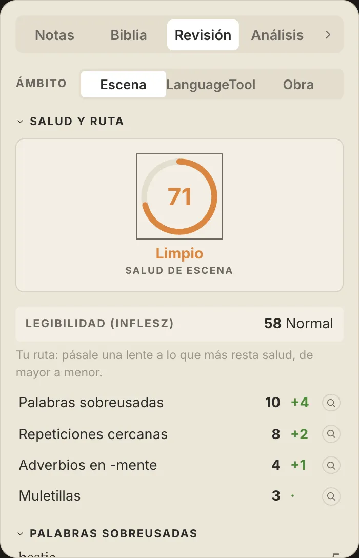 El panel del revisor de QuillSong: salud de la escena, ruta de trabajo y palabras sobreusadas