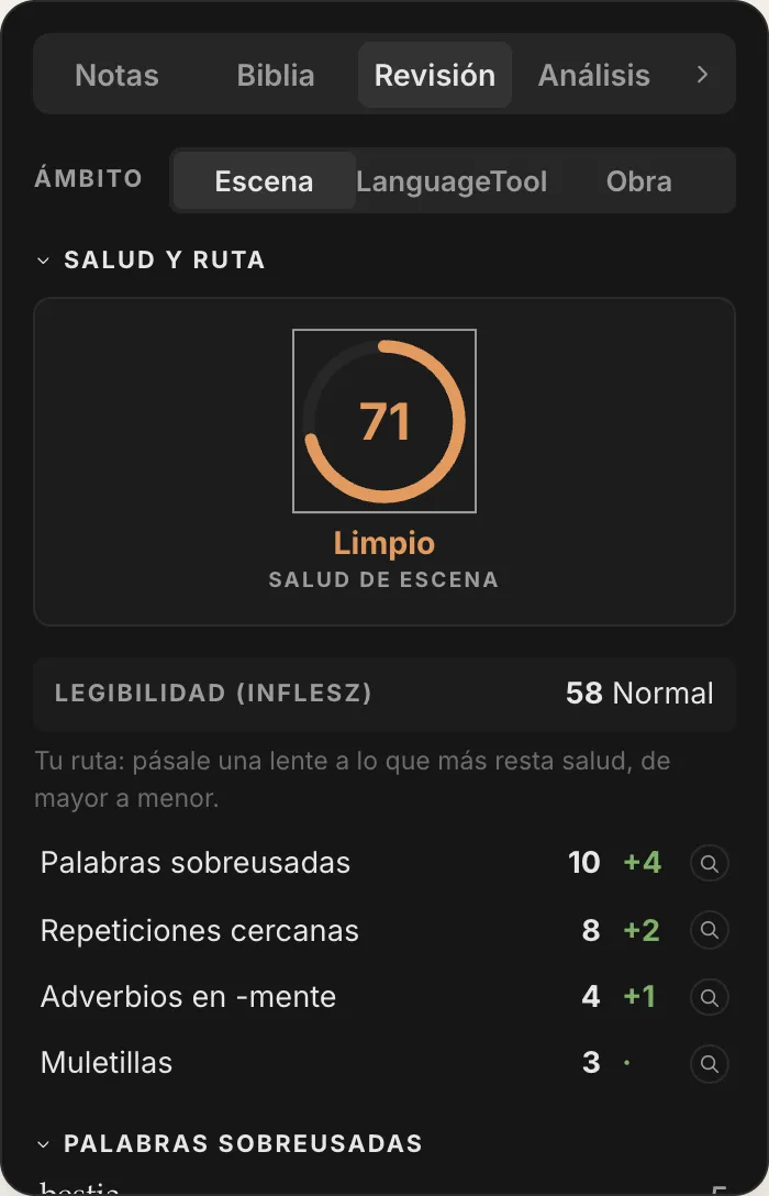 El panel del revisor de QuillSong: salud de la escena, ruta de trabajo y palabras sobreusadas