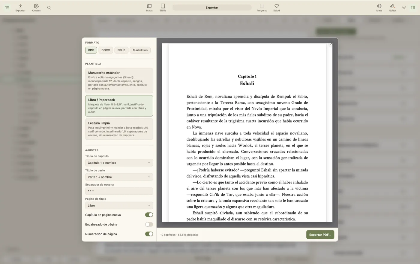 Exportación a PDF, DOCX, ePub y manuscrito estándar en QuillSong
