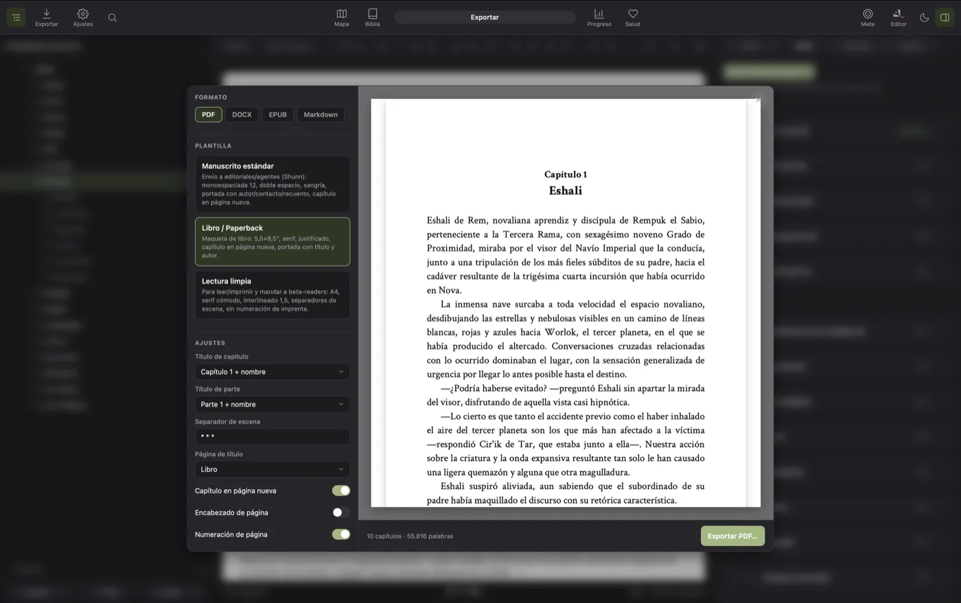 Exportación a PDF, DOCX, ePub y manuscrito estándar en QuillSong