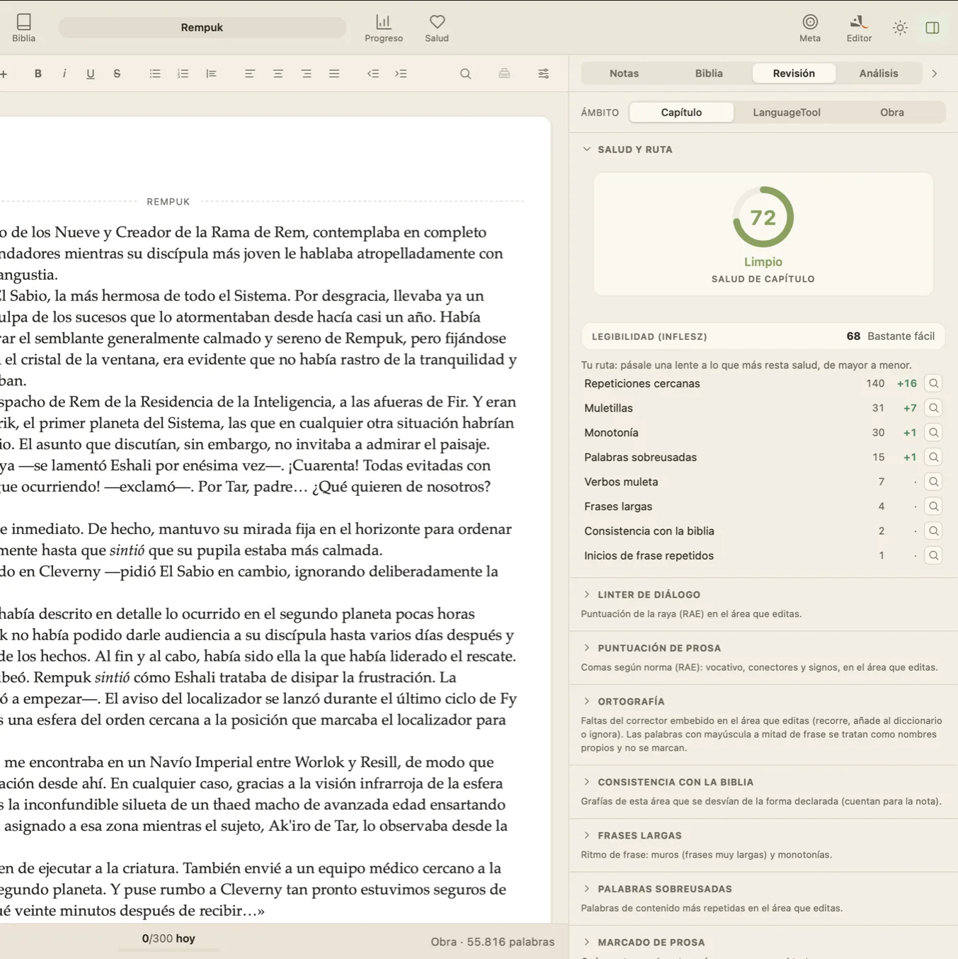 La app de QuillSong: el manuscrito y el panel de revisión al lado, con la salud del capítulo y las repeticiones, muletillas y adverbios detectados