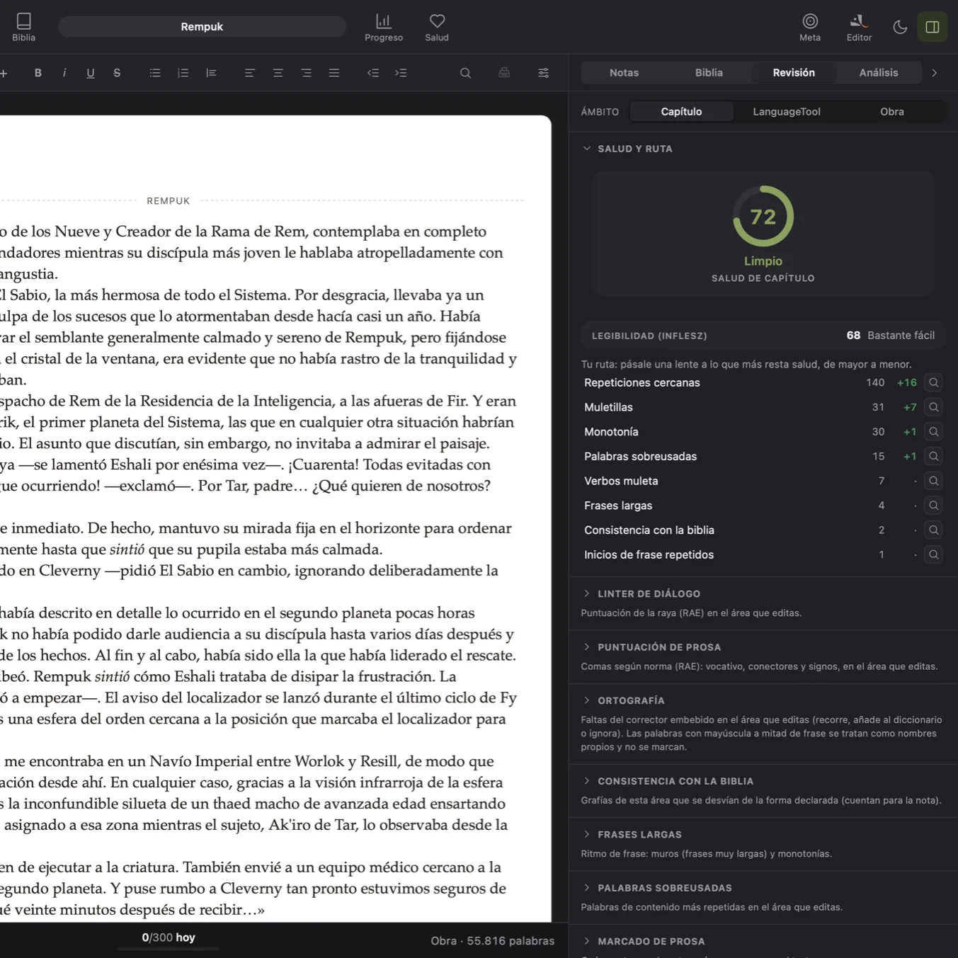 La app de QuillSong: el manuscrito y el panel de revisión al lado, con la salud del capítulo y las repeticiones, muletillas y adverbios detectados