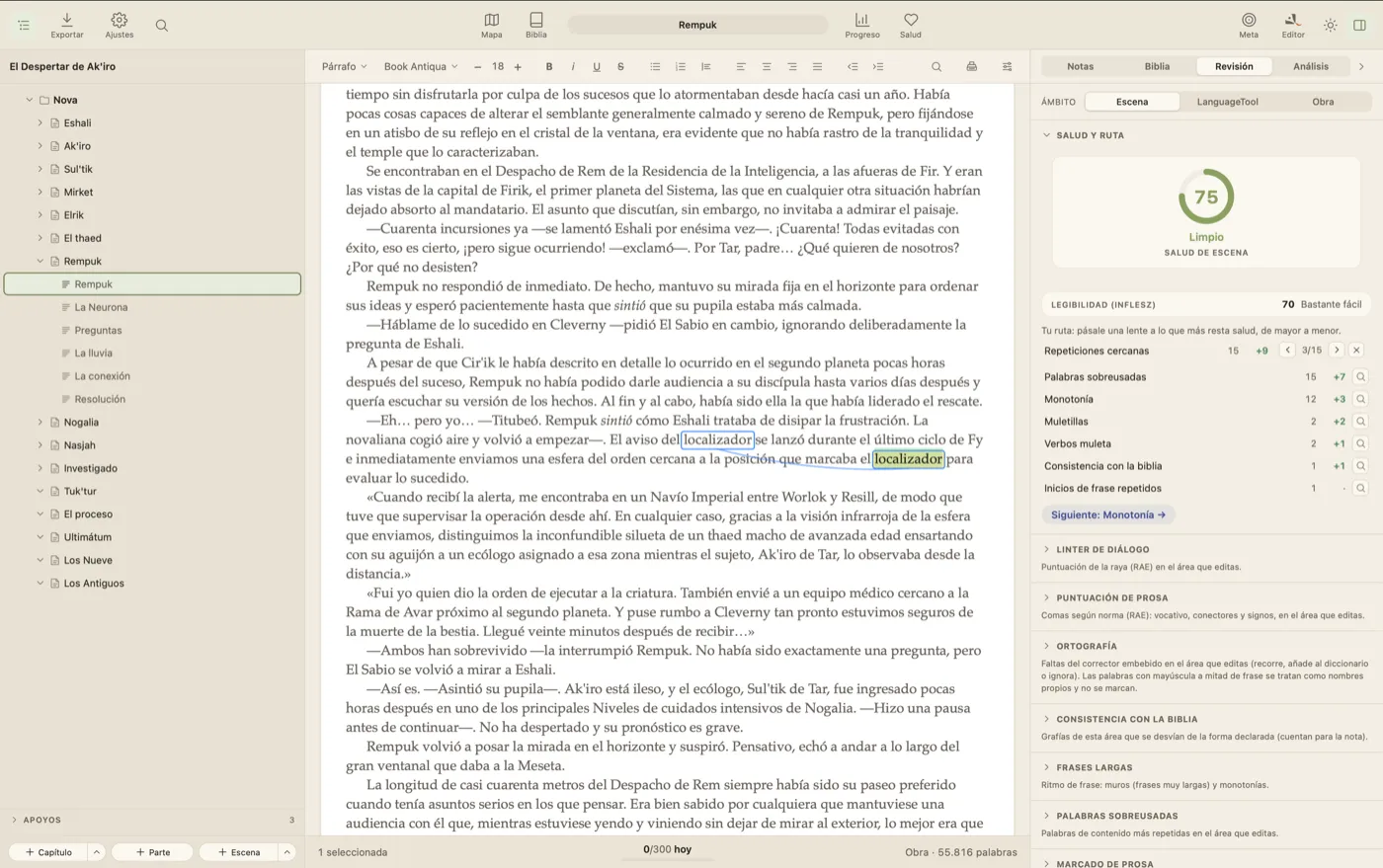 El revisor de estilo de QuillSong marcando repeticiones, muletillas y adverbios