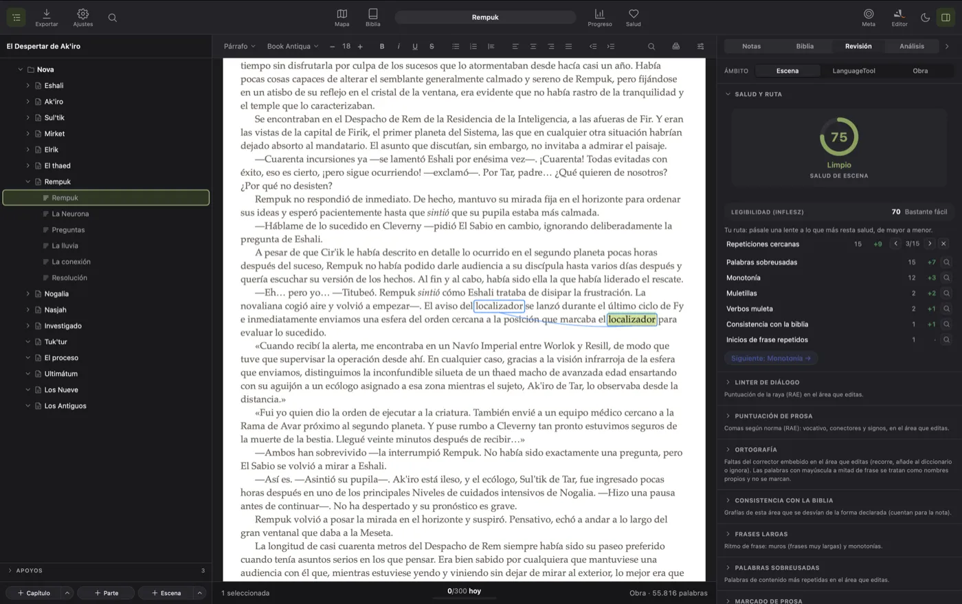 El revisor de estilo de QuillSong marcando repeticiones, muletillas y adverbios